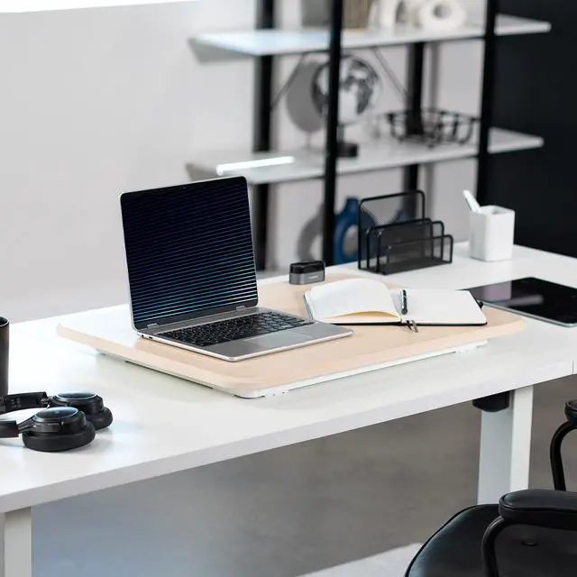 Alt view image 6 of 7 - Ultra-Slim Single Top Height Adjustable Standing Desk Riser, Compact Sit Stand Desktop Converter for Monitor or Laptop, Light Wood, DESK-V001JF