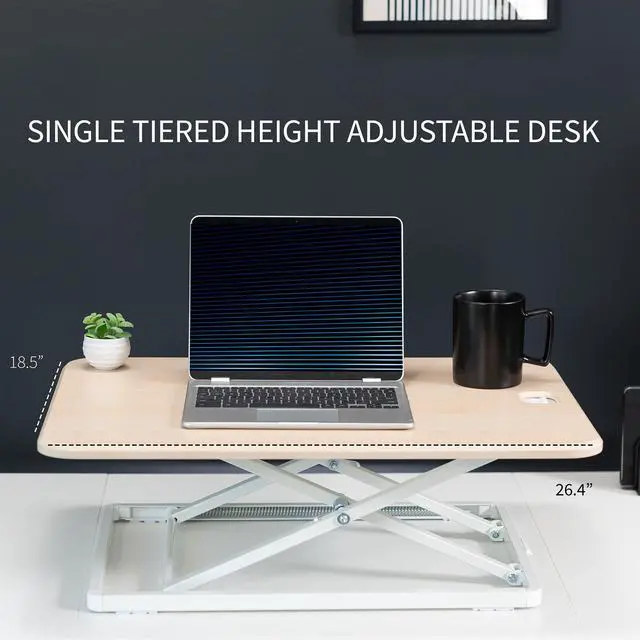 Alt view image 7 of 7 - Ultra-Slim Single Top Height Adjustable Standing Desk Riser, Compact Sit Stand Desktop Converter for Monitor or Laptop, Light Wood, DESK-V001JF