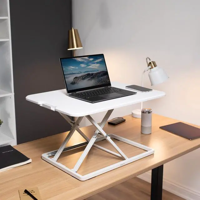 Alt view image 2 of 7 - Ultra-Slim Single Top Height Adjustable Standing Desk Riser, Compact Sit Stand Desktop Converter for Monitor or Laptop, White, DESK-V001JW