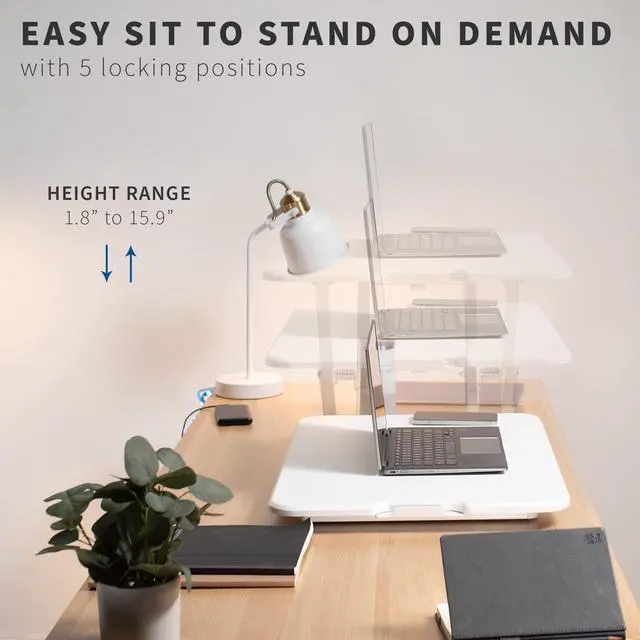 Alt view image 4 of 7 - Ultra-Slim Single Top Height Adjustable Standing Desk Riser, Compact Sit Stand Desktop Converter for Monitor or Laptop, White, DESK-V001JW