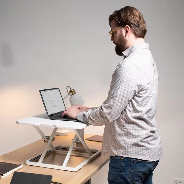 Alt view image 6 of 7 - Ultra-Slim Single Top Height Adjustable Standing Desk Riser, Compact Sit Stand Desktop Converter for Monitor or Laptop, White, DESK-V001JW