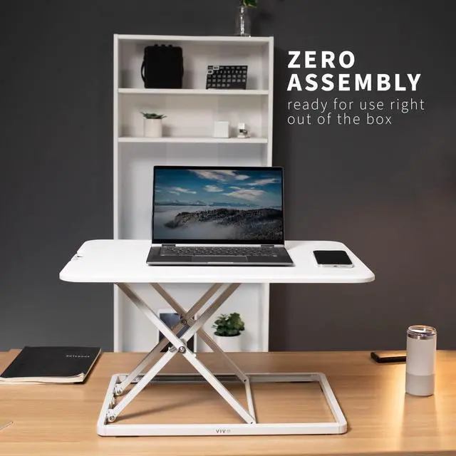 Alt view image 7 of 7 - Ultra-Slim Single Top Height Adjustable Standing Desk Riser, Compact Sit Stand Desktop Converter for Monitor or Laptop, White, DESK-V001JW
