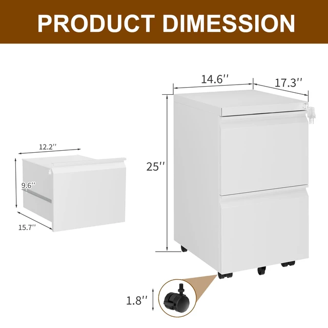 Alt view image 3 of 7 - 2 Drawer Metal Mobile File Cabinet with Lock and 4 Keys | Pre-Assembled Under Office Filing Cabinet for Home Office with Anti-tilt Wheels, A4/Legal/Letter Hanging File Drawers
