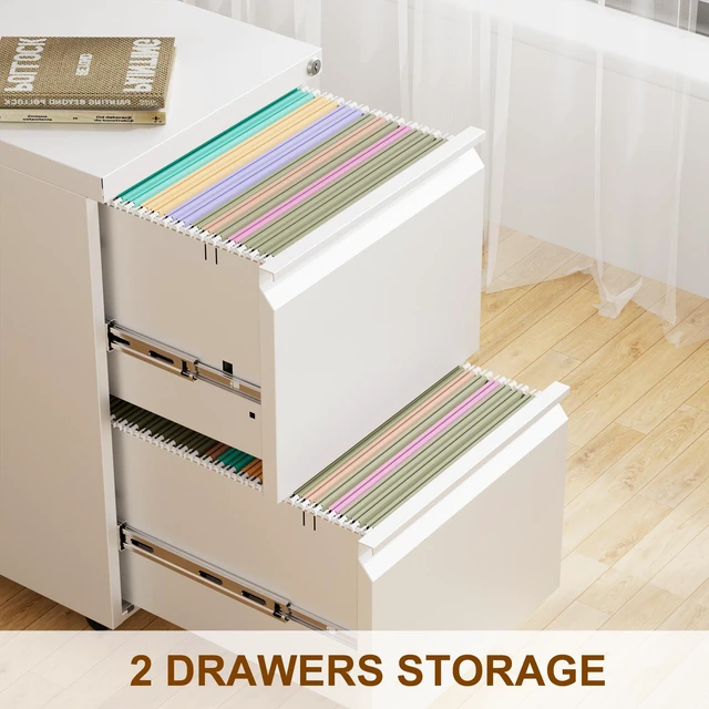 Alt view image 6 of 7 - 2 Drawer Metal Mobile File Cabinet with Lock and 4 Keys | Pre-Assembled Under Office Filing Cabinet for Home Office with Anti-tilt Wheels, A4/Legal/Letter Hanging File Drawers