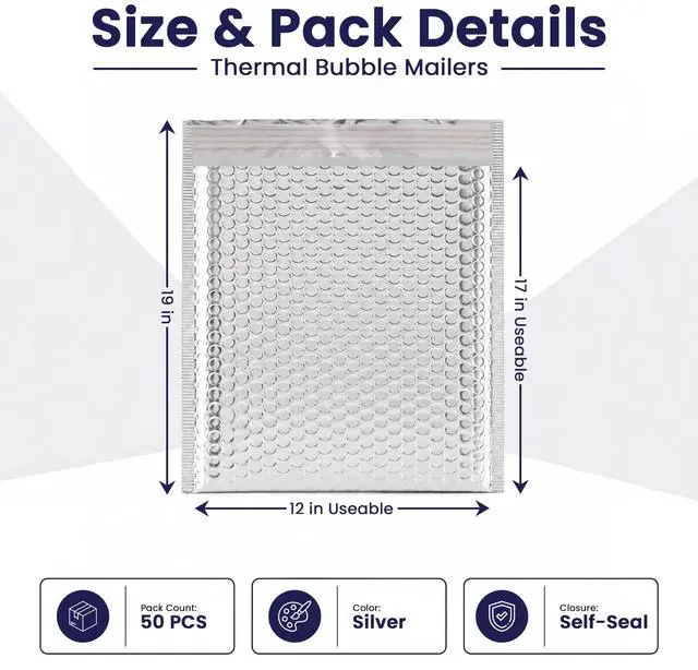 Alt view image 2 of 7 - Waterproof Self-Seal Insulated Foil Thermal Bubble Mailers 12x17, 50-Pack | For meal kits, frozen goods & bulk perishables. Foil lining keeps items hot or cold