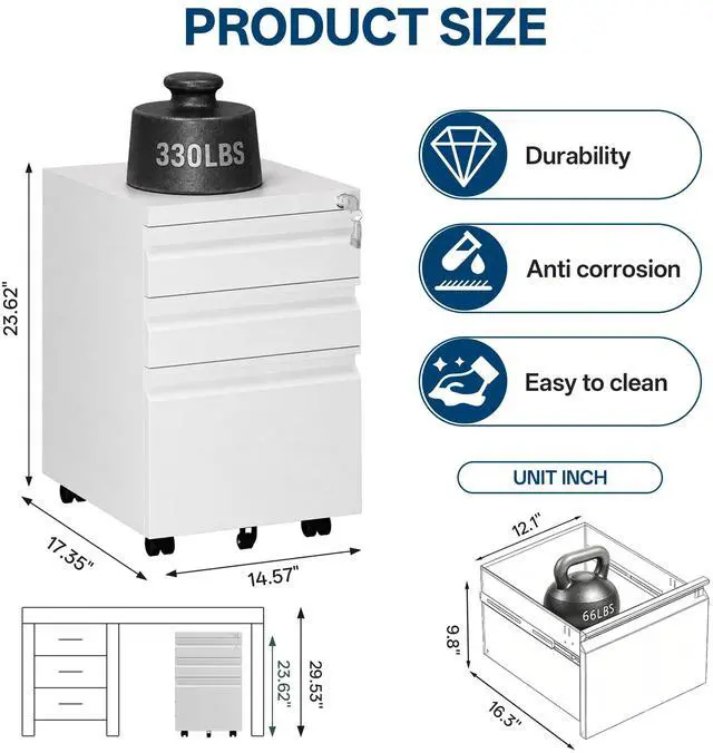 Alt view image 3 of 7 - Fully Assembled 3 Drawer Mobile File Cabinet with Lock | Under Desk Metal Filing Cabinet for Home Office, Rolling Storage for Letter/Legal/A4 Size
