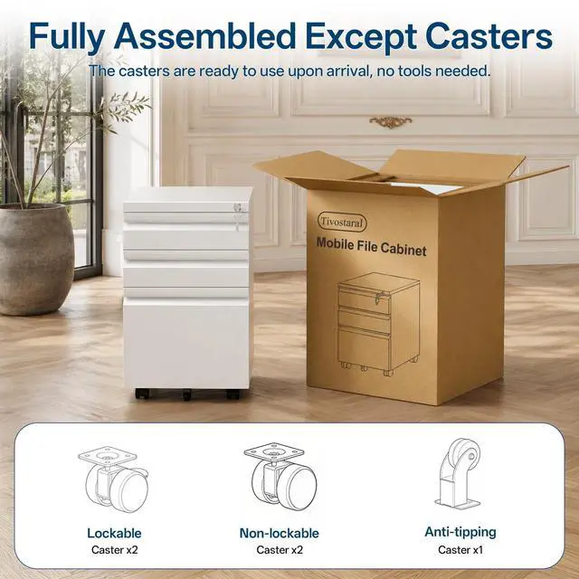 Alt view image 4 of 7 - Fully Assembled 3 Drawer Mobile File Cabinet with Lock | Under Desk Metal Filing Cabinet for Home Office, Rolling Storage for Letter/Legal/A4 Size