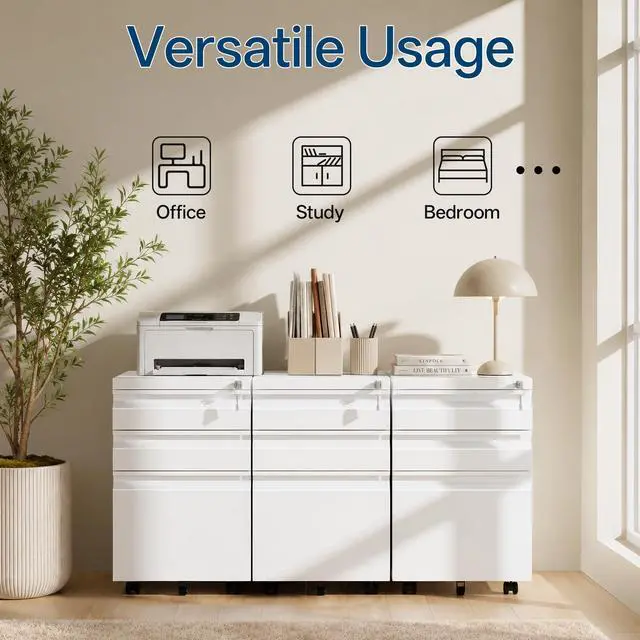 Alt view image 5 of 7 - Fully Assembled 3 Drawer Mobile File Cabinet with Lock | Under Desk Metal Filing Cabinet for Home Office, Rolling Storage for Letter/Legal/A4 Size