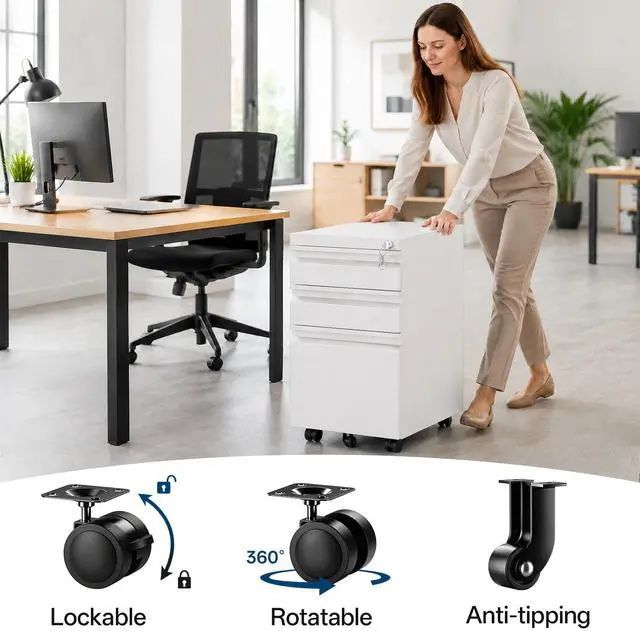 Alt view image 6 of 7 - Fully Assembled 3 Drawer Mobile File Cabinet with Lock | Under Desk Metal Filing Cabinet for Home Office, Rolling Storage for Letter/Legal/A4 Size