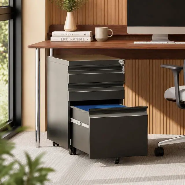 Alt view image 2 of 7 - Fully Assembled 3 Drawer Mobile File Cabinet with Lock | Under Desk Metal Filing Cabinet for Home Office, Rolling Storage for Letter/Legal/A4 Size
