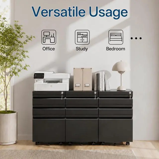Alt view image 4 of 7 - Fully Assembled 3 Drawer Mobile File Cabinet with Lock | Under Desk Metal Filing Cabinet for Home Office, Rolling Storage for Letter/Legal/A4 Size