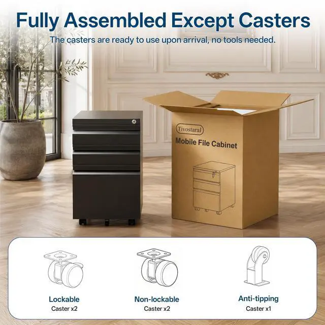 Alt view image 3 of 7 - Fully Assembled 3 Drawer Mobile File Cabinet with Lock | Under Desk Metal Filing Cabinet for Home Office, Rolling Storage for Letter/Legal/A4 Size