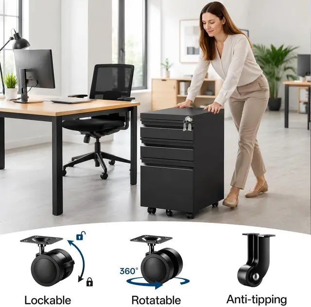 Alt view image 5 of 7 - Fully Assembled 3 Drawer Mobile File Cabinet with Lock | Under Desk Metal Filing Cabinet for Home Office, Rolling Storage for Letter/Legal/A4 Size