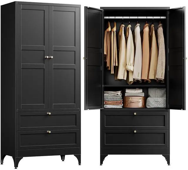 Main image of 71" Metal Wardrobe Cabinets with 2 Drawers,Steel Armoire Wardrobe Closet with Doors and Shelves,Clothing Storage Cabinets with Hanging Rod for Bedroom, Gym, Cloak Room,Black