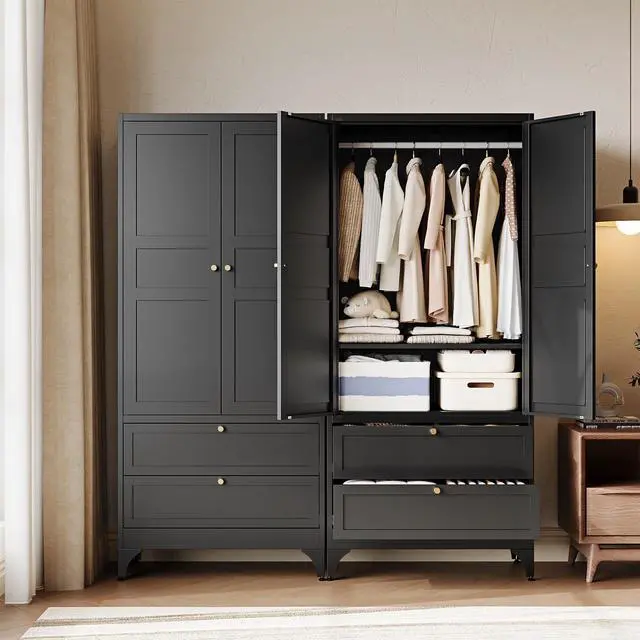 Alt view image 2 of 7 - 71" Metal Wardrobe Cabinets with 2 Drawers,Steel Armoire Wardrobe Closet with Doors and Shelves,Clothing Storage Cabinets with Hanging Rod for Bedroom, Gym, Cloak Room,Black