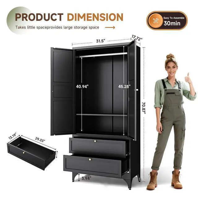 Alt view image 3 of 7 - 71" Metal Wardrobe Cabinets with 2 Drawers,Steel Armoire Wardrobe Closet with Doors and Shelves,Clothing Storage Cabinets with Hanging Rod for Bedroom, Gym, Cloak Room,Black