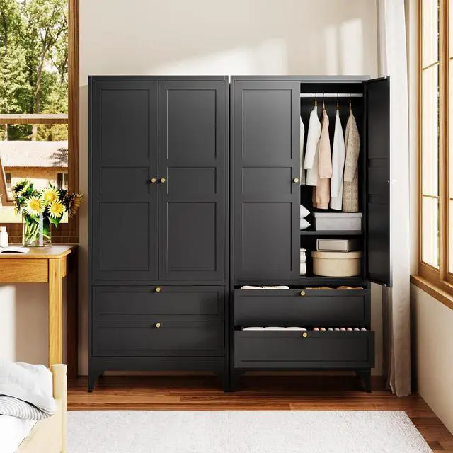 Alt view image 4 of 7 - 71" Metal Wardrobe Cabinets with 2 Drawers,Steel Armoire Wardrobe Closet with Doors and Shelves,Clothing Storage Cabinets with Hanging Rod for Bedroom, Gym, Cloak Room,Black