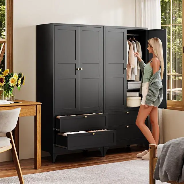Alt view image 6 of 7 - 71" Metal Wardrobe Cabinets with 2 Drawers,Steel Armoire Wardrobe Closet with Doors and Shelves,Clothing Storage Cabinets with Hanging Rod for Bedroom, Gym, Cloak Room,Black