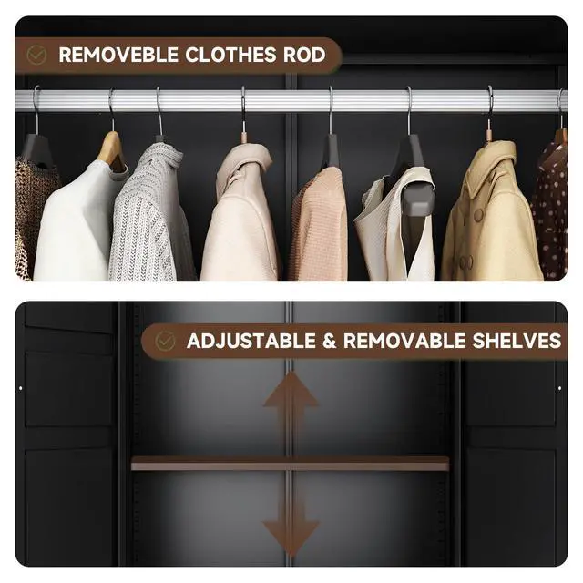 Alt view image 7 of 7 - 71" Metal Wardrobe Cabinets with 2 Drawers,Steel Armoire Wardrobe Closet with Doors and Shelves,Clothing Storage Cabinets with Hanging Rod for Bedroom, Gym, Cloak Room,Black