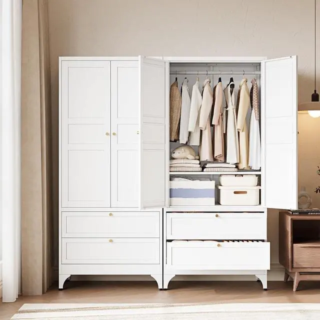 Alt view image 2 of 7 - 71" Metal Wardrobe Cabinets with 2 Drawers,Steel Armoire Wardrobe Closet with Doors and Shelves,Clothing Storage Cabinets with Hanging Rod for Bedroom, Gym, Cloak Room,White