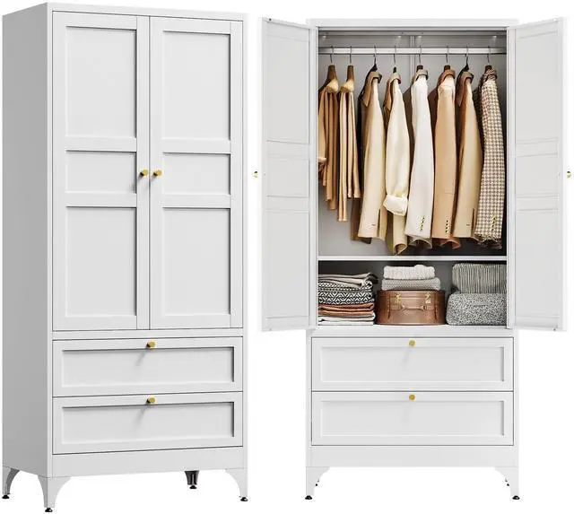 Main image of 71" Metal Wardrobe Cabinets with 2 Drawers,Steel Armoire Wardrobe Closet with Doors and Shelves,Clothing Storage Cabinets with Hanging Rod for Bedroom, Gym, Cloak Room,White