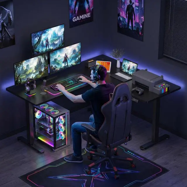 Alt view image 2 of 7 - 63x55 L Standing Adjustable Desk with 39x18 Mouse Pad, Black | Adjustable Height L Shaped Home Office Gaming Writing Studying Computer Workstation with Hooks