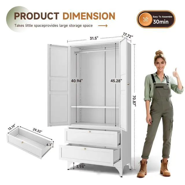 Alt view image 3 of 7 - 71" Metal Wardrobe Cabinets with 2 Drawers,Steel Armoire Wardrobe Closet with Doors and Shelves,Clothing Storage Cabinets with Hanging Rod for Bedroom, Gym, Cloak Room,White