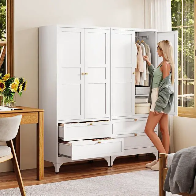 Alt view image 4 of 7 - 71" Metal Wardrobe Cabinets with 2 Drawers,Steel Armoire Wardrobe Closet with Doors and Shelves,Clothing Storage Cabinets with Hanging Rod for Bedroom, Gym, Cloak Room,White