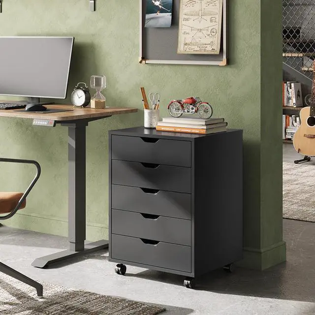 Alt view image 2 of 7 - 5-Drawer Filing Cabinet, Under Desk file Cabinet, Black | Wood, Office Storage Cabinet, Printer Stand with Wheels, Drawer Chest, Home Office