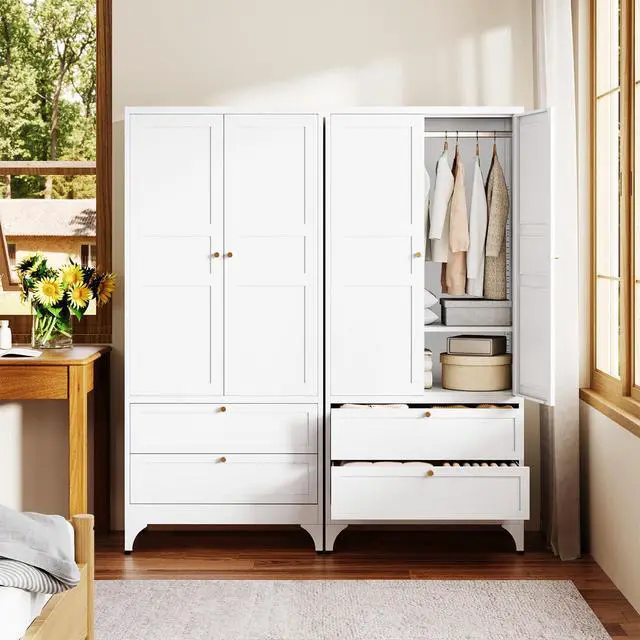Alt view image 6 of 7 - 71" Metal Wardrobe Cabinets with 2 Drawers,Steel Armoire Wardrobe Closet with Doors and Shelves,Clothing Storage Cabinets with Hanging Rod for Bedroom, Gym, Cloak Room,White