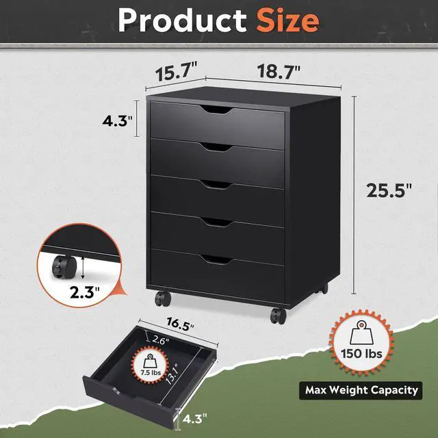 Alt view image 3 of 7 - 5-Drawer Filing Cabinet, Under Desk file Cabinet, Black | Wood, Office Storage Cabinet, Printer Stand with Wheels, Drawer Chest, Home Office