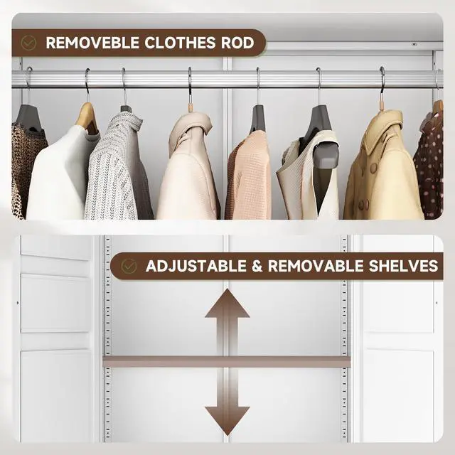 Alt view image 7 of 7 - 71" Metal Wardrobe Cabinets with 2 Drawers,Steel Armoire Wardrobe Closet with Doors and Shelves,Clothing Storage Cabinets with Hanging Rod for Bedroom, Gym, Cloak Room,White