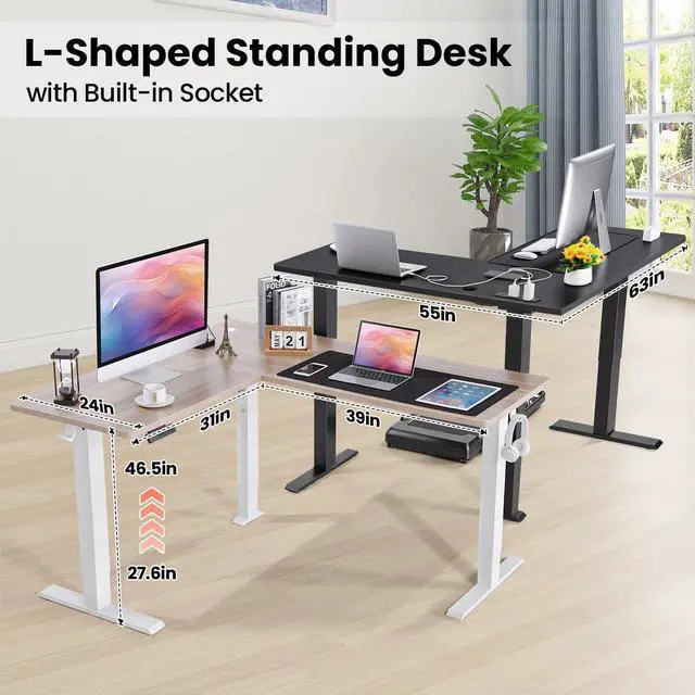 Alt view image 3 of 7 - 63in L Shaped Standing Desk with Outlets, Electric Sit Stand Up Desk Adjustable Height, Corner Desk with Mouse Pad, Hooks, Home Office Writing Gaming Big Computer Workstation, Oak Grey