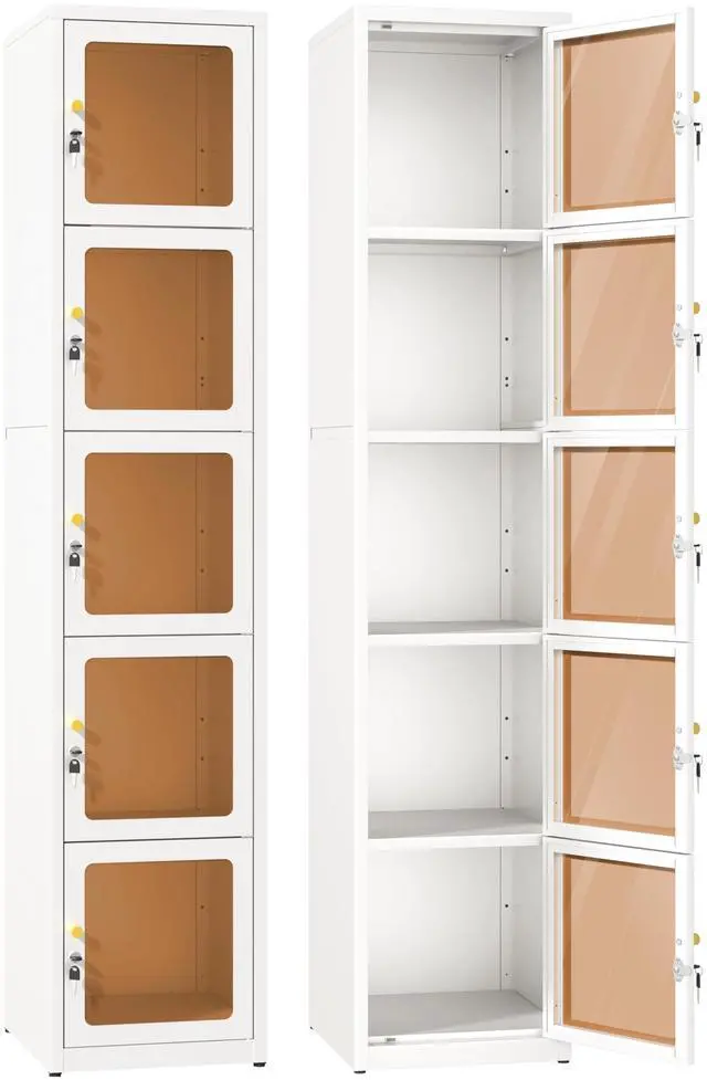 Main image of 5 Glass Doors Metal Locker Organizer | 5 Lock,4 Adjustable feet,72.83"H Cabinet, Lockable Locker for Employees,Home, Office, Gym, School, Garage, White