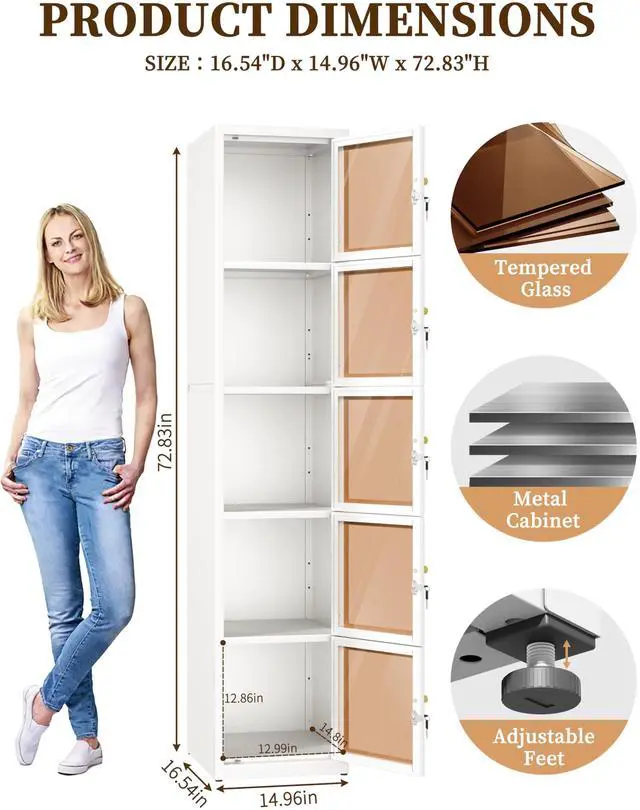 Alt view image 3 of 7 - 5 Glass Doors Metal Locker Organizer | 5 Lock,4 Adjustable feet,72.83"H Cabinet, Lockable Locker for Employees,Home, Office, Gym, School, Garage, White