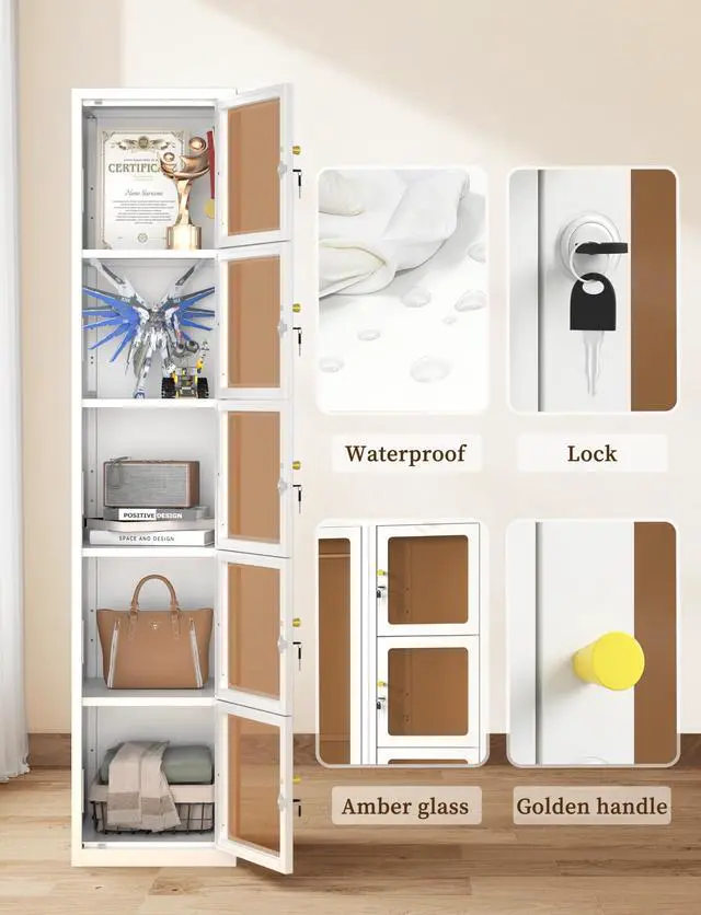 Alt view image 4 of 7 - 5 Glass Doors Metal Locker Organizer | 5 Lock,4 Adjustable feet,72.83"H Cabinet, Lockable Locker for Employees,Home, Office, Gym, School, Garage, White
