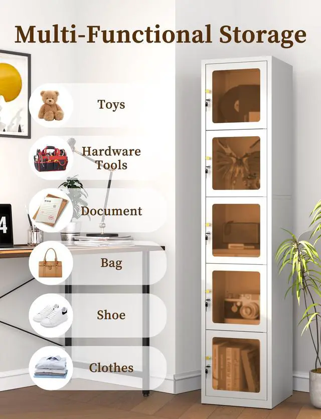 Alt view image 5 of 7 - 5 Glass Doors Metal Locker Organizer | 5 Lock,4 Adjustable feet,72.83"H Cabinet, Lockable Locker for Employees,Home, Office, Gym, School, Garage, White