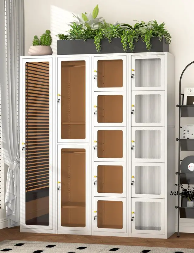 Alt view image 6 of 7 - 5 Glass Doors Metal Locker Organizer | 5 Lock,4 Adjustable feet,72.83"H Cabinet, Lockable Locker for Employees,Home, Office, Gym, School, Garage, White