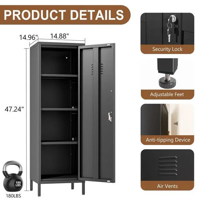 Alt view image 3 of 7 - 47.24" Black Lockable Small Metal Storage Locker | Employees Locker 1 Door & 3 Adjustable Shelves, Steel Cabinet for Employees, Home, School, Office & Gym