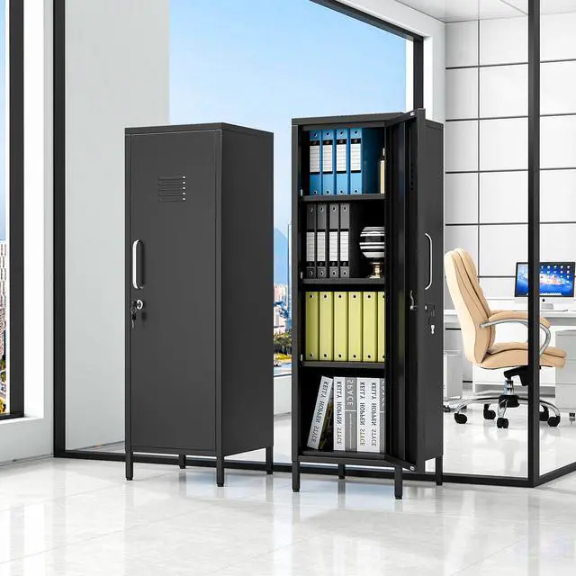 Alt view image 2 of 7 - 47.24" Black Lockable Small Metal Storage Locker | Employees Locker 1 Door & 3 Adjustable Shelves, Steel Cabinet for Employees, Home, School, Office & Gym