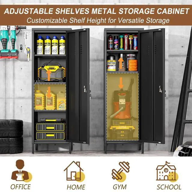 Alt view image 5 of 7 - 47.24" Black Lockable Small Metal Storage Locker | Employees Locker 1 Door & 3 Adjustable Shelves, Steel Cabinet for Employees, Home, School, Office & Gym