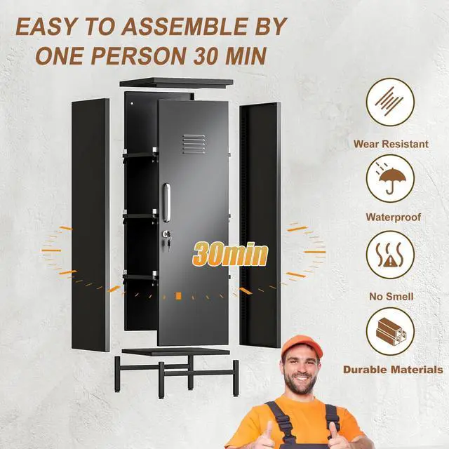 Alt view image 6 of 7 - 47.24" Black Lockable Small Metal Storage Locker | Employees Locker 1 Door & 3 Adjustable Shelves, Steel Cabinet for Employees, Home, School, Office & Gym