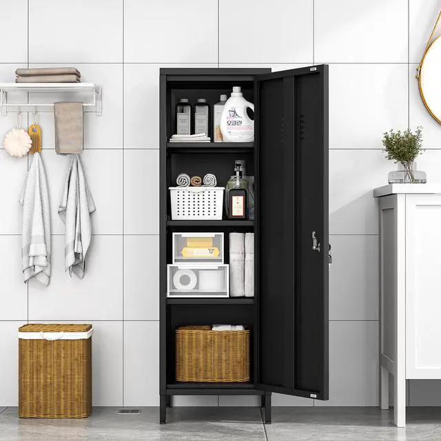 Alt view image 7 of 7 - 47.24" Black Lockable Small Metal Storage Locker | Employees Locker 1 Door & 3 Adjustable Shelves, Steel Cabinet for Employees, Home, School, Office & Gym