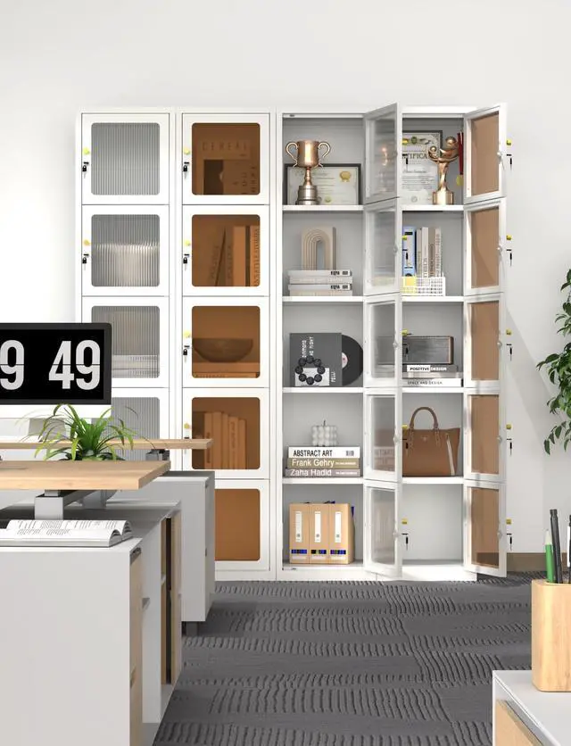 Alt view image 7 of 7 - 5 Glass Doors Metal Locker Organizer | 5 Lock,4 Adjustable feet,72.83"H Cabinet, Lockable Locker for Employees,Home, Office, Gym, School, Garage, White