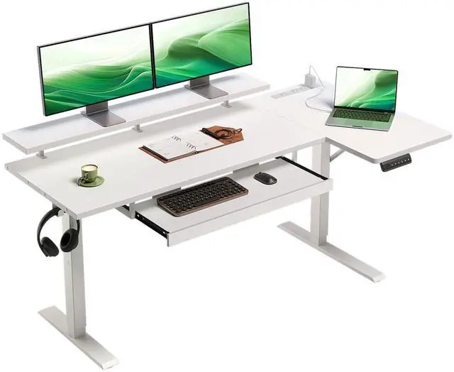 Main image of 55 Inch Reversible L Shaped Electric Standing Desk, White | Monitor Stand, Keyboard Tray, Power Outlets, 3 Memory Presets, Corner Stand Up Desk for Ergonomic Home Office, Workstaion