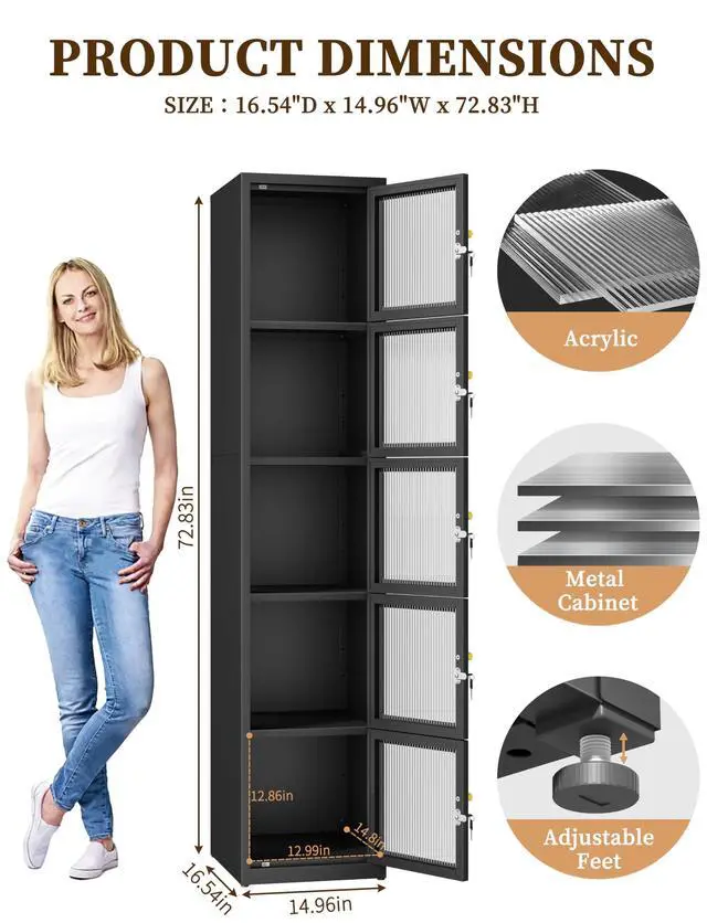 Alt view image 3 of 7 - 5 Doors Metal Locker Organizer | Acrylic Door Cabinet, Lockable Locker for Home, Office, Gym, School, Garage, lockable for Employees, Black