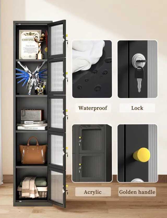 Alt view image 4 of 7 - 5 Doors Metal Locker Organizer | Acrylic Door Cabinet, Lockable Locker for Home, Office, Gym, School, Garage, lockable for Employees, Black