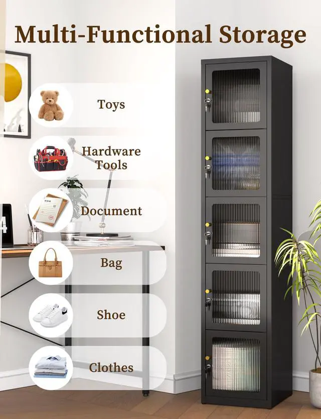Alt view image 5 of 7 - 5 Doors Metal Locker Organizer | Acrylic Door Cabinet, Lockable Locker for Home, Office, Gym, School, Garage, lockable for Employees, Black