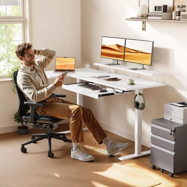 Alt view image 2 of 7 - 55 Inch Reversible L Shaped Electric Standing Desk, White | Monitor Stand, Keyboard Tray, Power Outlets, 3 Memory Presets, Corner Stand Up Desk for Ergonomic Home Office, Workstaion