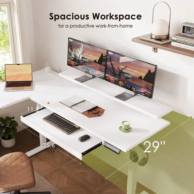 Alt view image 4 of 7 - 55 Inch Reversible L Shaped Electric Standing Desk, White | Monitor Stand, Keyboard Tray, Power Outlets, 3 Memory Presets, Corner Stand Up Desk for Ergonomic Home Office, Workstaion